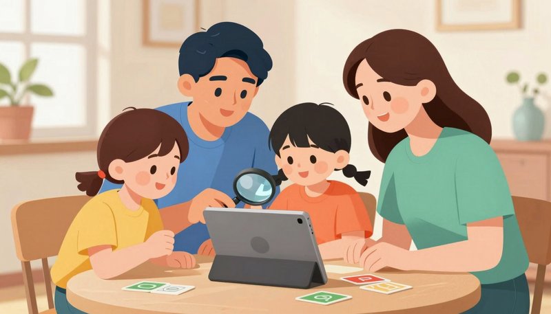 Keluarga bermain detektif AI di ruang tamu: anak dan orang tua memeriksa tablet dengan kaca pembesar, layar menampilkan gambar campuran AI dan asli, suasana edukatif dan menyenangkan