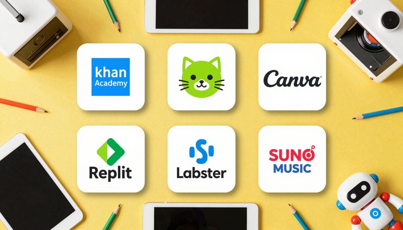 Tampilan datar 7 ikon platform AI edukasi anak: Khan Academy, Scratch, Canva, Tinkercad, Replit, Labster, Suno, di atas meja cerah dengan tablet, printer 3D, robot mainan, pensil