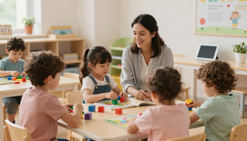 Suasana kelas PAUD ramah anak dengan guru dan anak bermain blok sambil belajar bersama