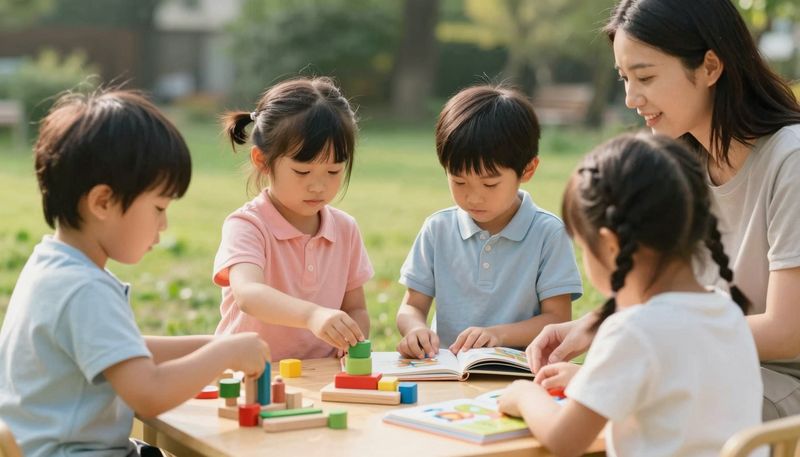 Anak TK bermain di luar ruangan dengan mainan kayu dan buku bergambar didampingi orang tua