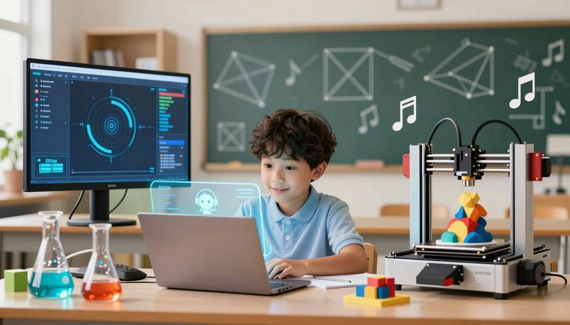 Ilustrasi layar terpisah anak mengintegrasikan STEAM dengan AI: simulasi sains kiri, coding tengah, printer 3D seni kanan, not musik dan pola matematika latar