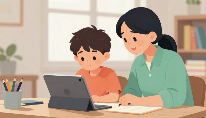 Anak belajar dengan bantuan AI di tablet, orang tua mendampingi di samping, layar menampilkan penjelasan konsep materi pelajaran dengan visual menarik, suasana belajar fokus dan menyenangkan