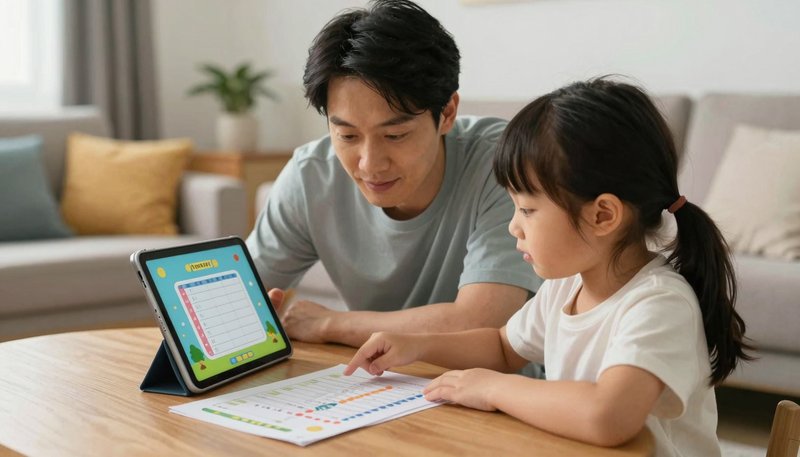 Orang tua dan anak prasekolah meninjau aplikasi edukasi bersama dengan checklist di meja