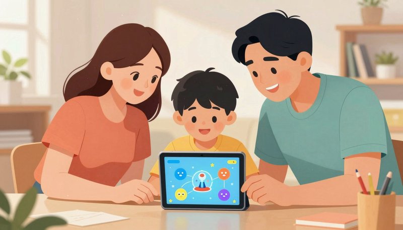 Keluarga bahagia belajar AI bersama di ruang tamu yang cerah, layar tablet menampilkan visual AI ramah anak, orang tua mendampingi anak dengan senyum