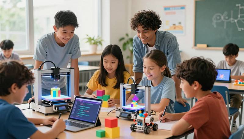 Anak-anak berkelompok di kelas STEAM cerah, berkolaborasi dengan asisten AI hologram ramah, printer 3D, robot, dan tablet menampilkan kode serta seni digital