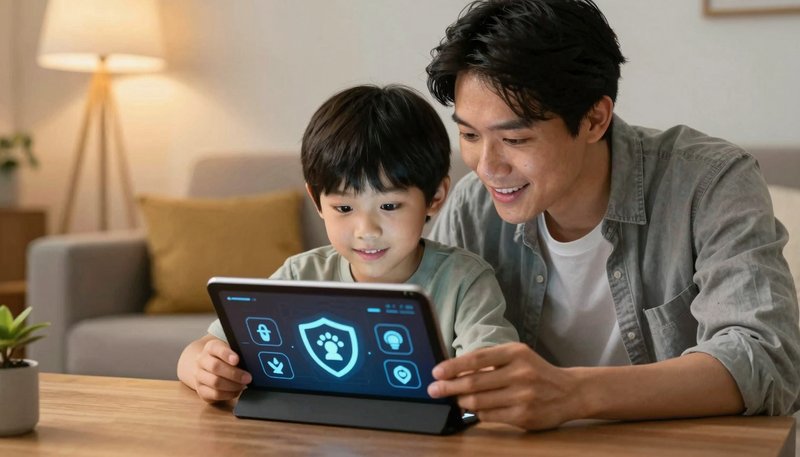 Orang tua mendampingi anak menggunakan AI kreatif di tablet, lingkungan digital aman, ikon perisai perlindungan, suasana hangat