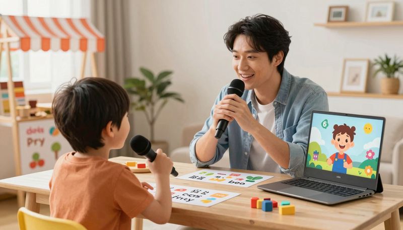 Orang tua dan anak melakukan aktivitas belajar bahasa dengan AI di rumah: roleplay, karaoke, AR scavenger hunt