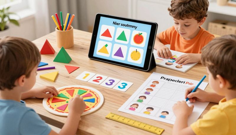 Anak melakukan aktivitas matematika tangan di rumah dengan bantuan AI tablet: pecahan kertas, kartu angka, bentuk 3D sedotan, grafik survei, pengukuran panjang