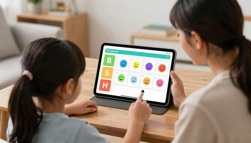 Anak duduk di sofa rumah dengan tablet menampilkan visual schedule berwarna, orang tua mendampingi dengan senyum