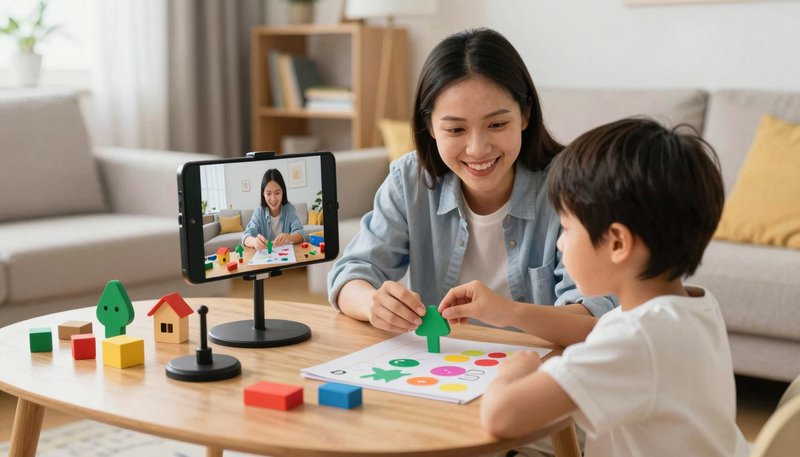 Orang tua dan anak melakukan aktivitas kreatif fotografi video AI di rumah: stop motion mainan, merekam smartphone, menggambar storybook, vlog keluarga