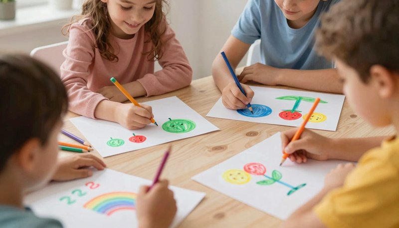 Anak-anak melakukan aktivitas menggambar kreatif dengan AI di rumah bersama keluarga