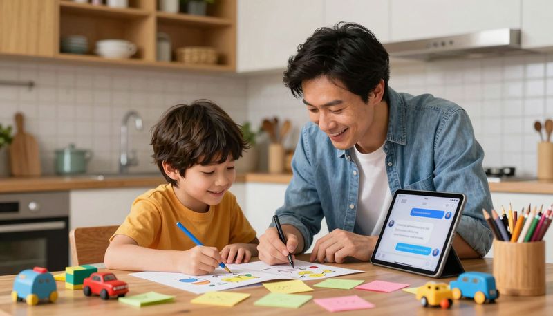 Orang tua dan anak problem solving bersama dengan AI di meja belajar, sticky notes dan diagram