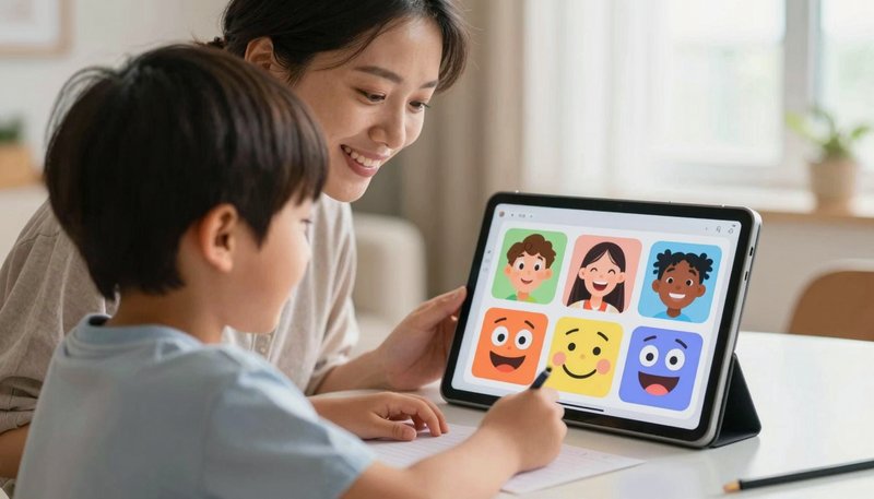 Orang tua dan anak duduk bersama di meja dengan tablet, membuat kartu emosi berwarna dengan generator gambar AI di layar, momen bonding edukatif