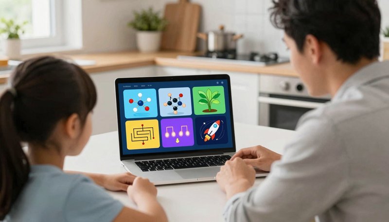 Orang tua dan anak di meja belajar dengan laptop menampilkan simulasi sains virtual: gelembung air mendidih, struktur molekul, fotosintesis tanaman, rangkaian LED, orbit roket, suasana belajar hangat