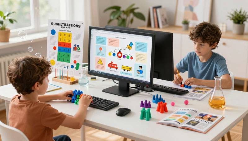 Anak-anak mengerjakan proyek PBL di rumah: modeling 3D, infografis, coding Scratch, eksperimen sains, desain majalah di ruang belajar cerah