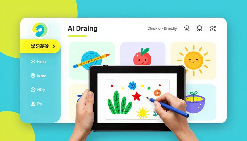 Anak-anak menggunakan aplikasi AI menggambar di tablet untuk berkarya seni digital
