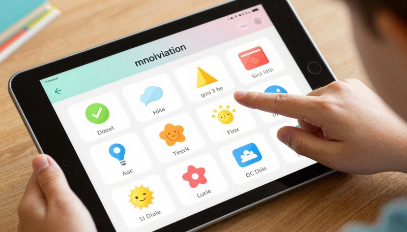 Tablet menampilkan aplikasi AAC dengan simbol komunikasi visual, tangan anak mengetuk ikon untuk berbicara