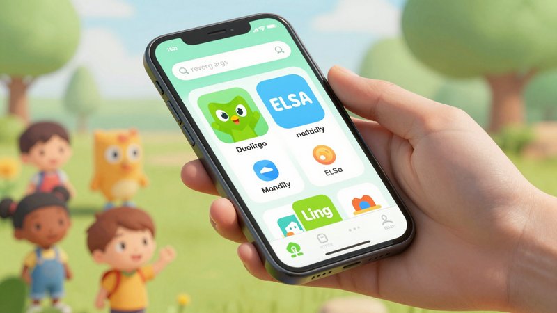 Anak-anak memegang tablet smartphone menampilkan aplikasi belajar bahasa AI warna-warni