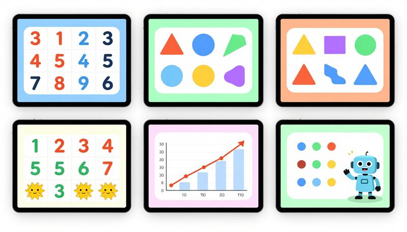 Tablet menampilkan 7 aplikasi AI matematika terbaik untuk anak dengan visualisasi angka, geometri, game, dan grafik warna-warni