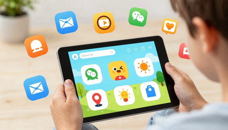 Anak menggunakan tablet dengan aplikasi AI belajar membaca warna-warni