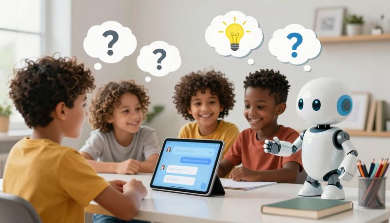 Anak belajar critical thinking dengan AI di tablet, robot AI ramah membimbing