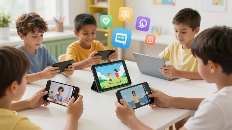 Anak-anak menggunakan smartphone dan tablet untuk editing foto video dengan aplikasi AI, antarmuka aplikasi colorfull di layar