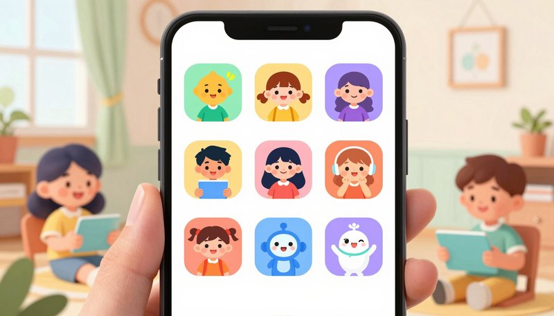 Layar smartphone menampilkan 7 ikon aplikasi AI untuk social-emotional learning, anak-anak bahagia menggunakan tablet dengan karakter AI ramah