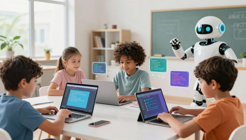 Anak-anak menggunakan berbagai platform coding AI di tablet dan laptop, antarmuka ramah anak dengan blok kode warna-warni dan karakter robot pembimbing