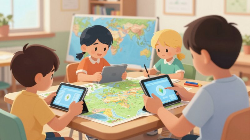 Anak SD menggunakan platform AI untuk belajar IPS dengan peta digital