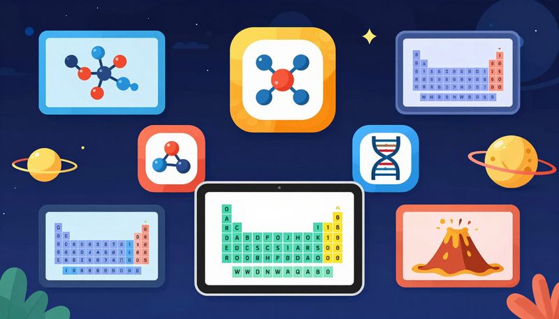 Anak-anak menggunakan tablet menampilkan aplikasi sains virtual: tabel periodik, struktur DNA, simulasi gunung api, antarmuka colorfull ramah anak