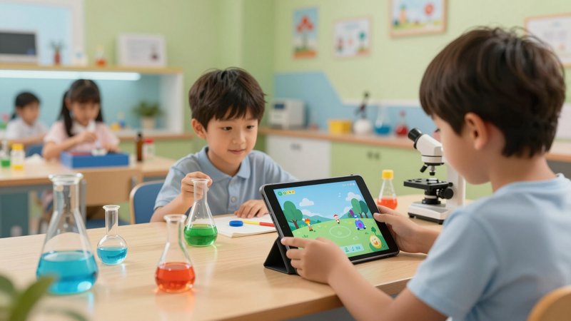 Anak menggunakan tablet untuk eksperimen sains virtual dengan platform AI