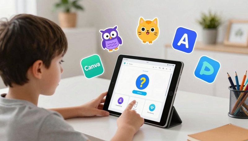 Anak menggunakan tablet dengan ikon aplikasi AI edukasi mengambang: Khanmigo, Scratch, Canva, Adobe Express, Curipod, Perplexity di meja belajar cerah