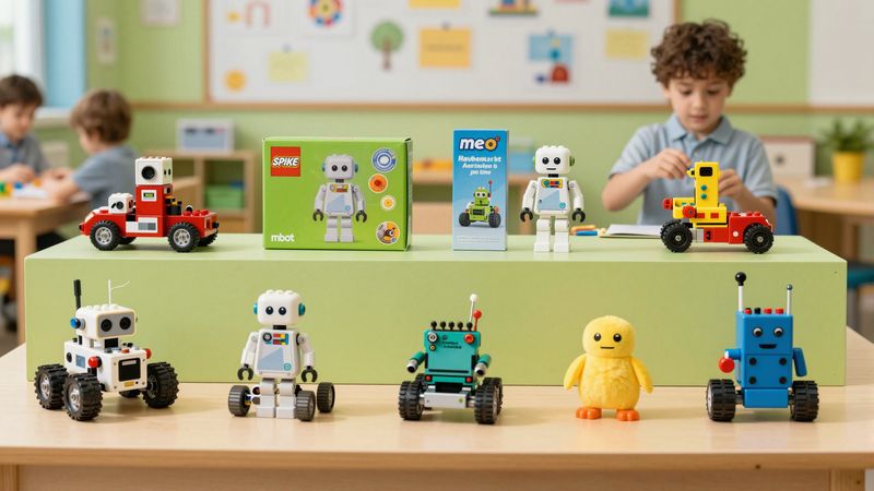 Tampilan 7 kit robotika AI edukasi anak: LEGO SPIKE, mBot Neo, VEX GO, Raspberry Pi robot, Arduino Nicla, Matatalab, Petoi Bittle