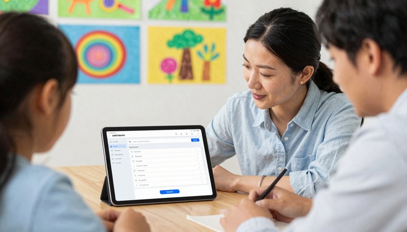 Orang tua dan guru duduk berdampingan meja dengan tablet menampilkan dashboard progres anak bersama, suasana kolaboratif hangat