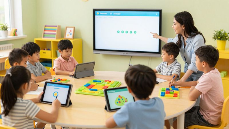 Anak prasekolah menggunakan berbagai tools edtech AI: tablet, Osmo blok coding, interactive whiteboard dengan guru membimbing