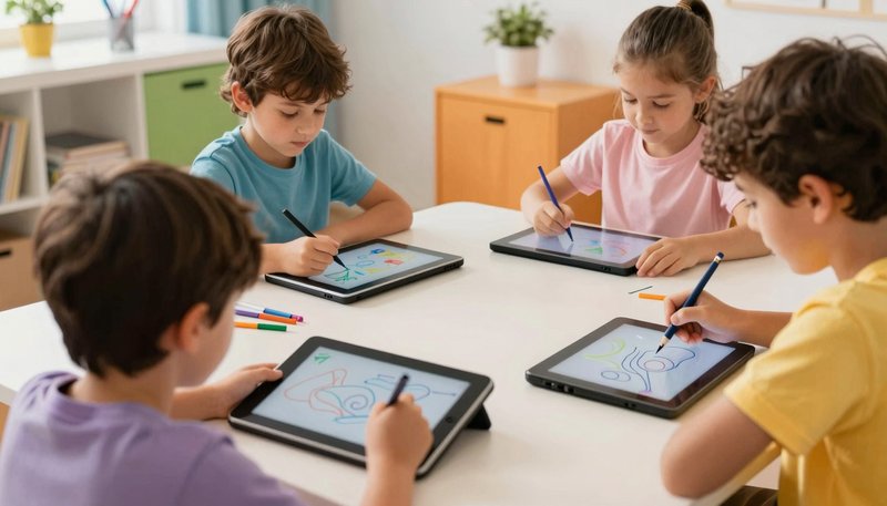 Anak-anak menggambar dengan tablet digital dan AI art tools di kelas