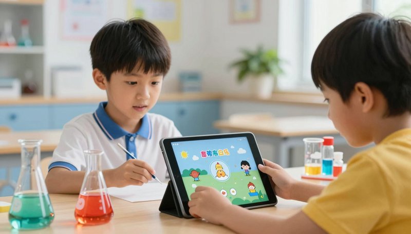 Anak-anak melakukan eksperimen sains virtual dengan AI di tablet