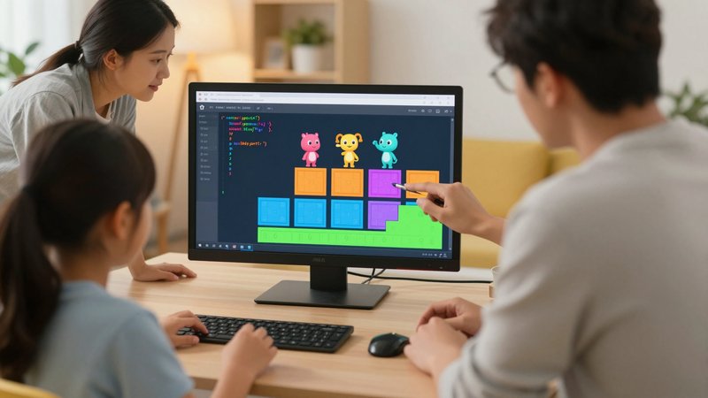 Anak dan orang tua membuat proyek game sederhana bersama di laptop, layar menampilkan kode blok warna-warni dan karakter game lucu, suasana belajar bonding yang menyenangkan