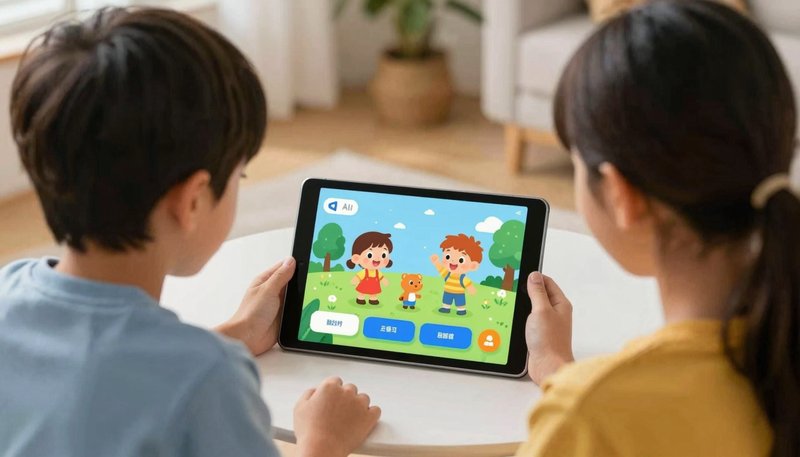 Orang tua dan anak belajar membaca bersama dengan aplikasi AI di rumah