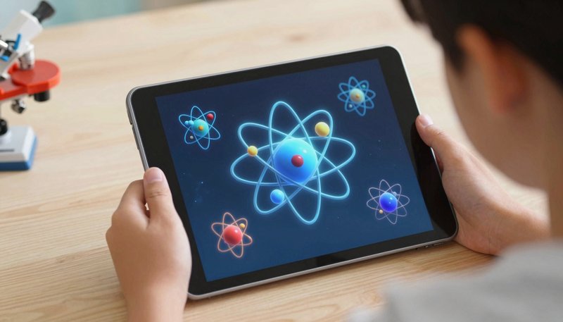 Anak menggunakan tablet untuk memvisualisasikan konsep sains melalui simulasi AI