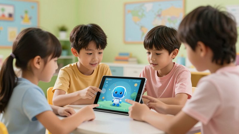 Anak belajar menggunakan AI chatbot di tablet dengan aman di rumah