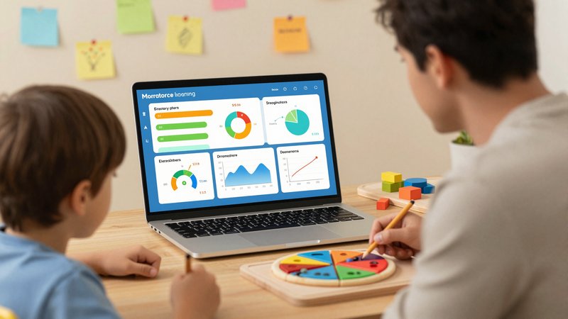 Orang tua review dashboard adaptive learning di laptop dengan grafik mastery progress, struggle alerts, learning velocity, anak di samping tunjukkan aktivitas manipulatif pecahan pizza dan blok angka, suasana kolaboratif hangat