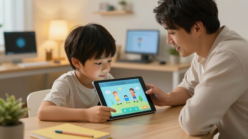 Orang tua mendampingi anak menggunakan tablet untuk konten digital AI, layar menampilkan pengaturan keamanan dan kontrol orang tua, momen bonding edukatif