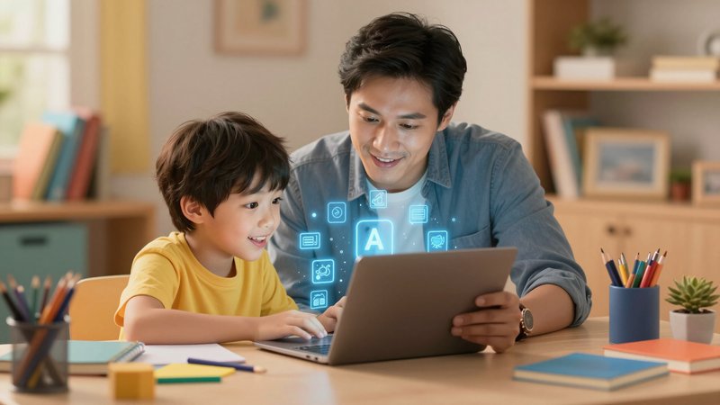 Orang tua mendampingi anak di meja belajar, keduanya melihat layar laptop dengan ikon AI, suasana kolaboratif hangat, buku dan alat seni di sekitar