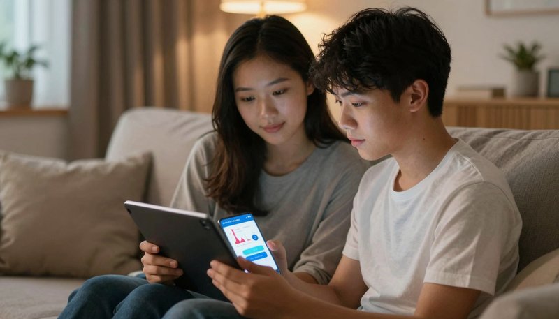 Orang tua duduk di samping remaja di sofa, keduanya melihat tablet dengan aplikasi kesehatan mental AI yang menampilkan grafik mood dan chatbot peduli, momen bonding dan komunikasi terbuka