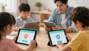Anak menggunakan tablet untuk coding dengan AI, ikon perisai privasi melindungi data, orang tua memeriksa pengaturan keamanan di latar belakang, suasana teknologi aman untuk keluarga