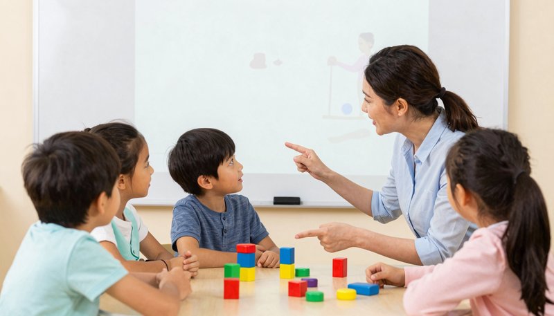 Guru prasekolah mendampingi anak di interactive whiteboard, co-viewing dan turn-taking bersama, blok tactile di meja