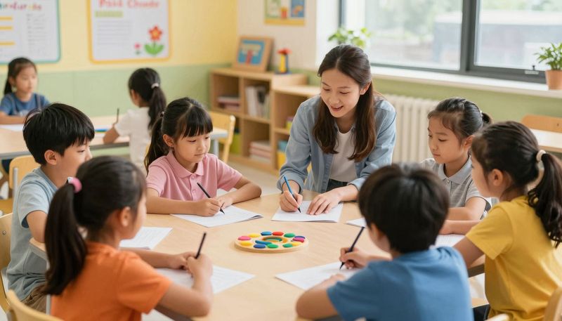 Kelas inklusif cerah dengan anak-anak berkebutuhan khusus belajar bersama bantuan AI, suasana hangat dan mendukung