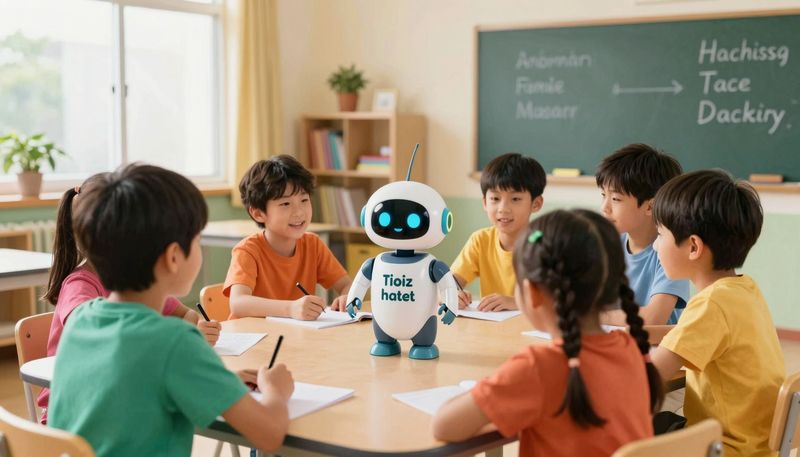 Anak-anak belajar bahasa asing dengan bantuan AI robot ramah di ruang kelas warna-warni