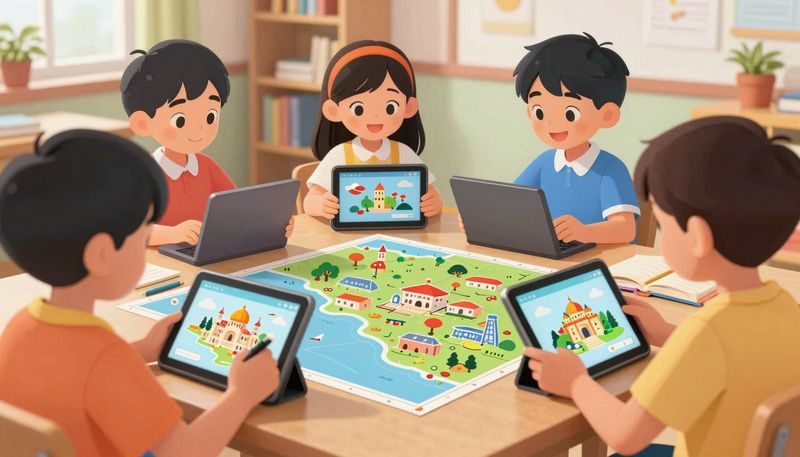 Anak SD belajar Ilmu Pengetahuan Sosial dengan AI tablet dan peta digital
